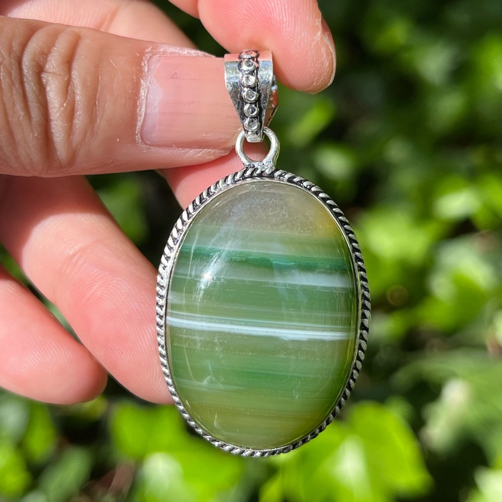 Silver plated green banded agate pendant